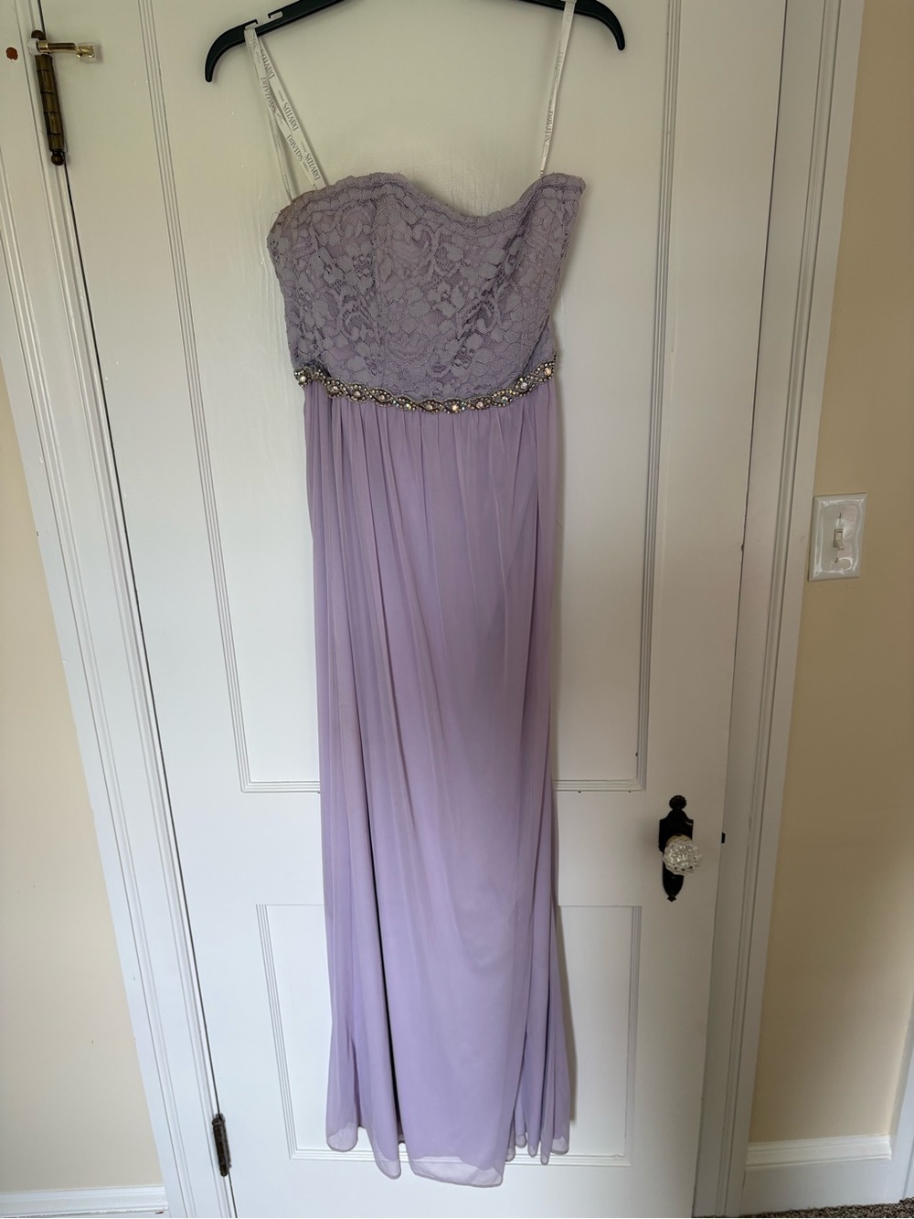 David's Bridal Lavender Strapless Lace & Chiffon Gown with Beaded Waist